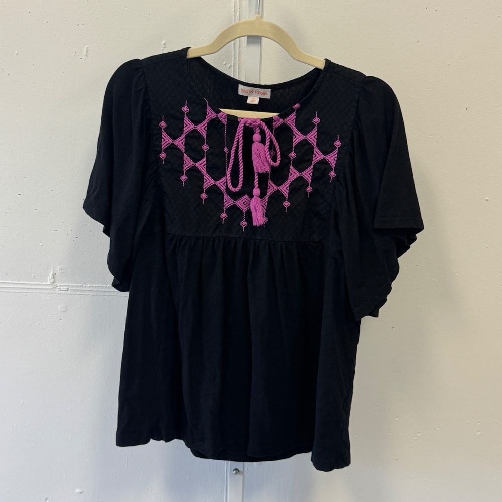 Knox Rose Embroidered Tassel Peasant Blouse Top Medium Boho Cotton Black Pink